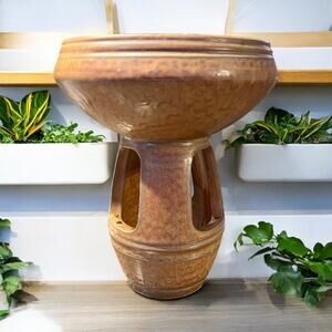 Mid Century Modern Ikebana Art Pottery Pedestal Bowl w Flower Frog-Atomic UFO